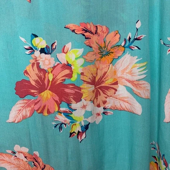 ANA Oversized Button Up Shirt Aqua & Peach Floral Hawaiian Dolman Sleeve Medium - Picture 3 of 14